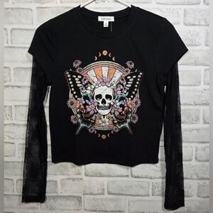 NWT Stitch & Pine Girls' Black Long Sleeve Tee Skull Butterfly Graphic Size XS